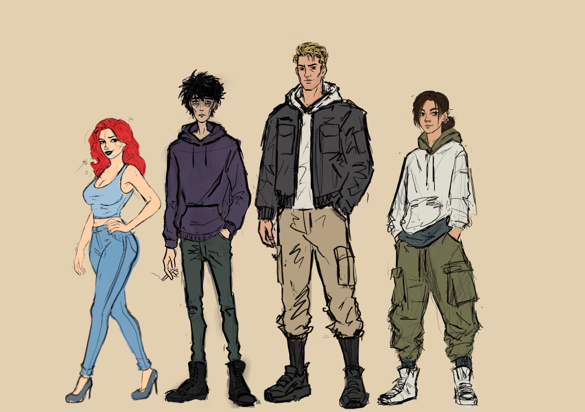 5Bar character lineup — four distinct figures who meet in the bar: Zed, Jenna, X, and Stais-eye