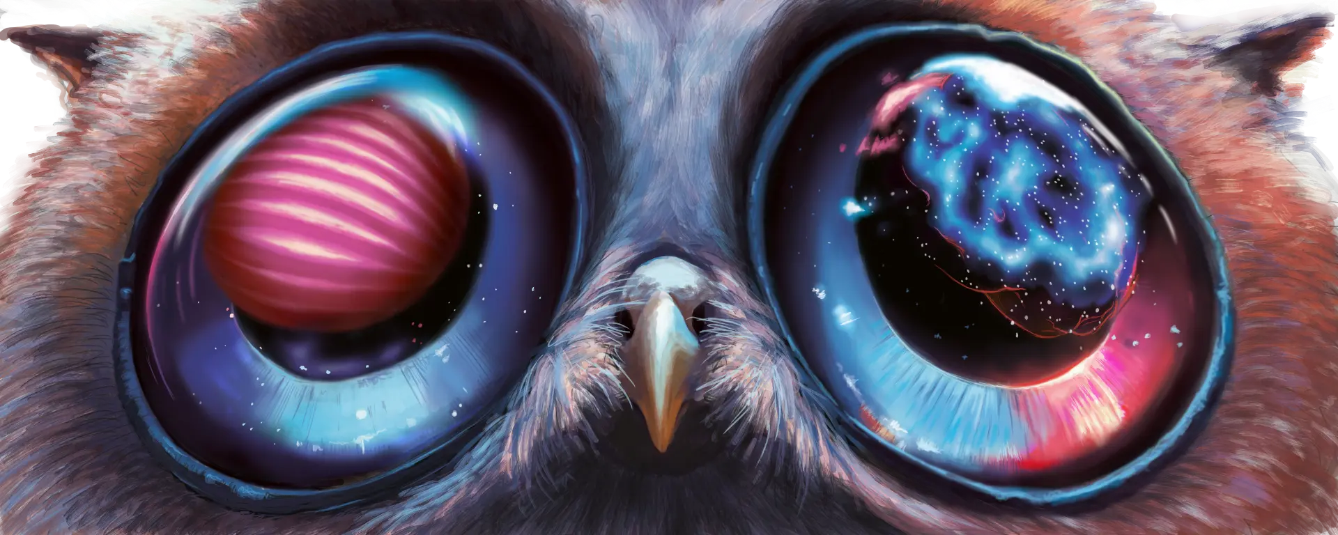KittenOwlette — a close-up of a kitten-owl hybrid with planets reflected in its huge eyes