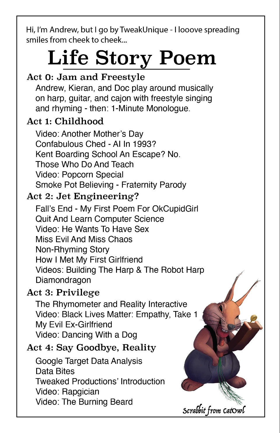 Life Story Poem program — Acts 0 through 4