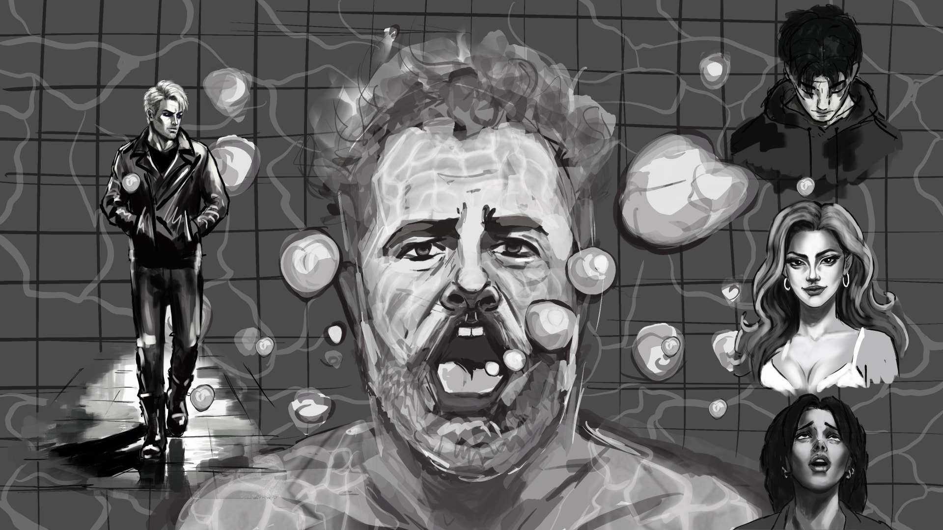 5Bar world artwork — a dramatic black-and-white composition of characters and abstract forms