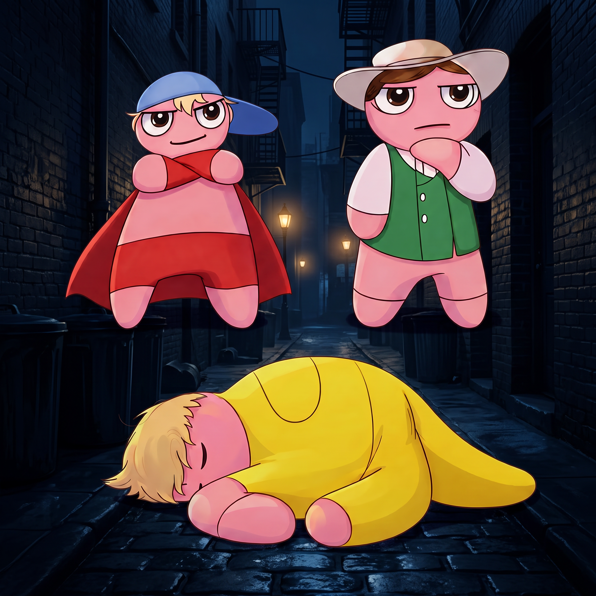 The three Bumpy Tuff Brothers characters in a dark alley