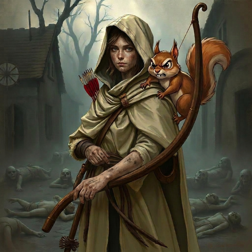 Kelly in a beige cloak with Rascal the flying squirrel, holding a long bow in a plague-stricken village