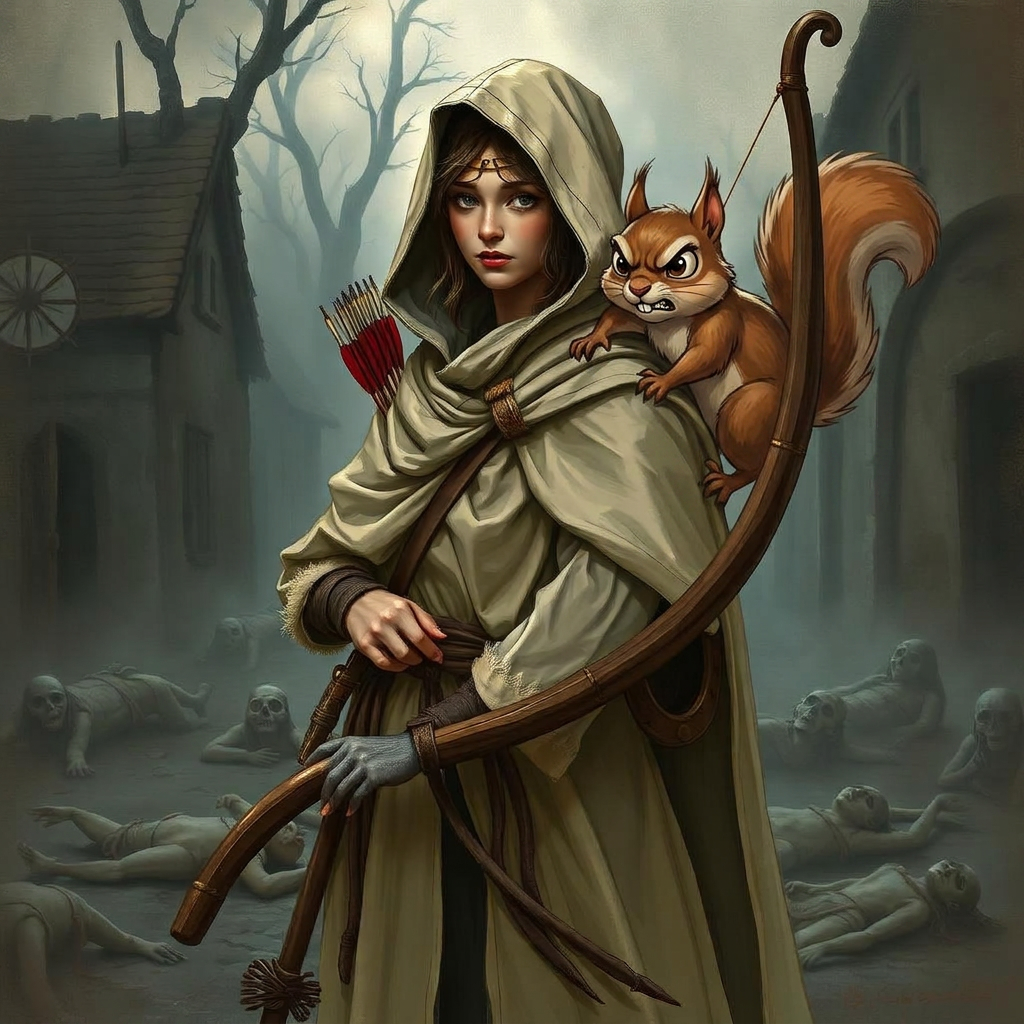 Kelly in a beige cloak with Rascal the flying squirrel, holding a long bow in a plague-stricken village