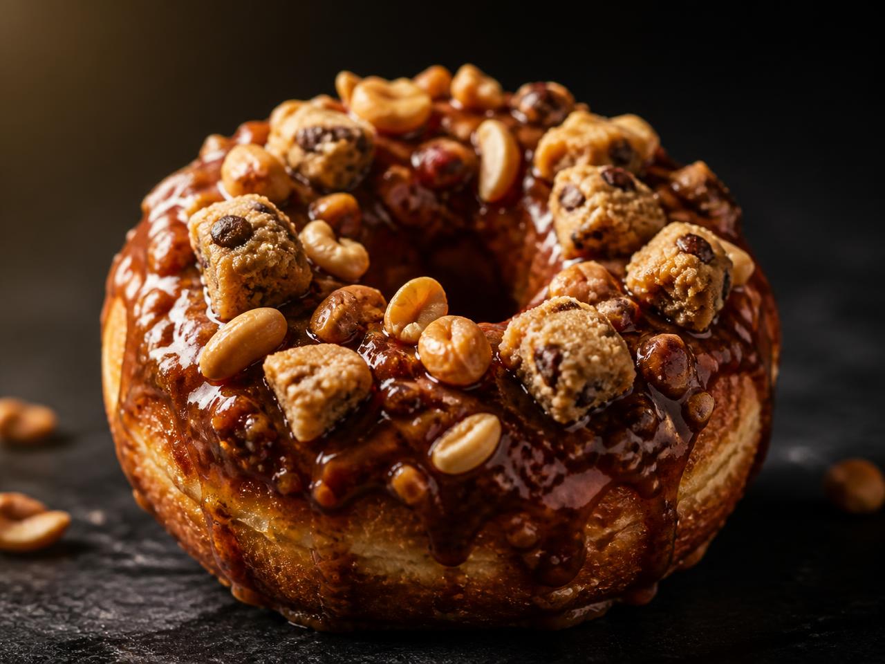 A glazed doughnut topped with cookie dough chunks, peanuts, and cashews
